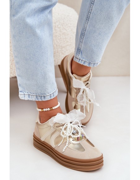 Women's Platform Sneakers With Decorations Beige-Gold Vinness
