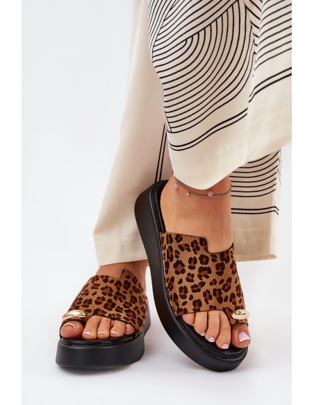 Women's Platform Sandals With Low Wedge And Decorative Detail Leopard Print Brown Saqesse