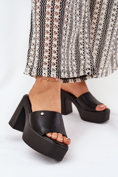 Women's Eco Leather Slide Sandals With Heel And Platform Black Tamirella