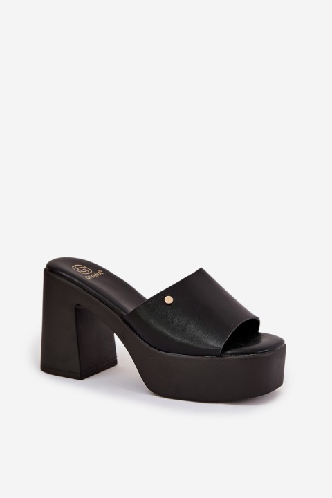 Women's Eco Leather Slide Sandals With Heel And Platform Black Tamirella