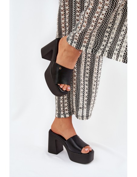 Women's Eco Leather Slide Sandals With Heel And Platform Black Tamirella