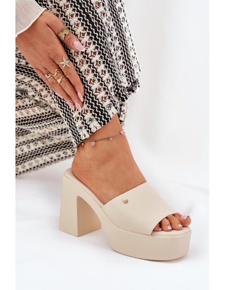 Women's Eco Leather Heeled Platform Sandals Light Beige Tamirella