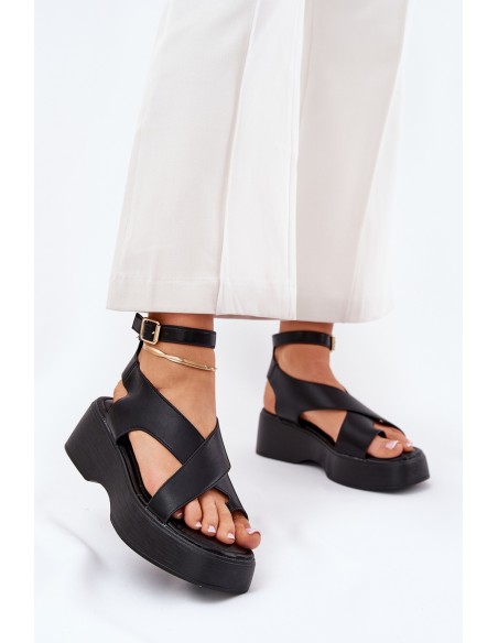 Ladies Platform And Wedge Sandals Eco Leather Black Tenzorus
