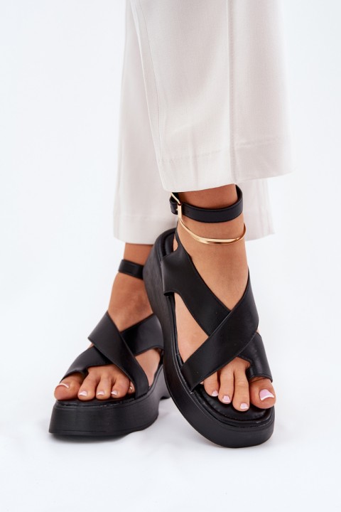 Ladies Platform And Wedge Sandals Eco Leather Black Tenzorus