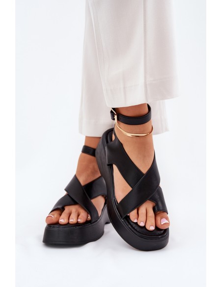 Ladies Platform And Wedge Sandals Eco Leather Black Tenzorus