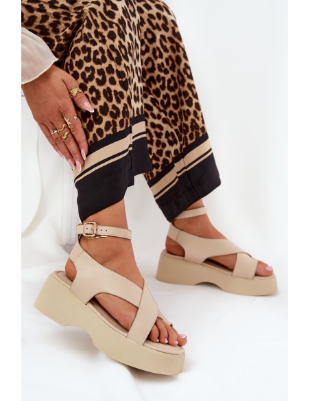 Women's sandals on platform and wedge eco leather beige Tenzorus