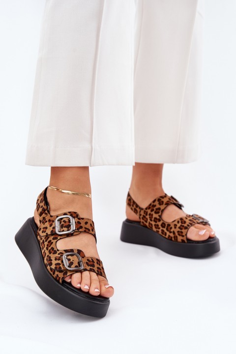 Ladies Platform And Wedge Sandals With Buckles Leopard Brown Genorre