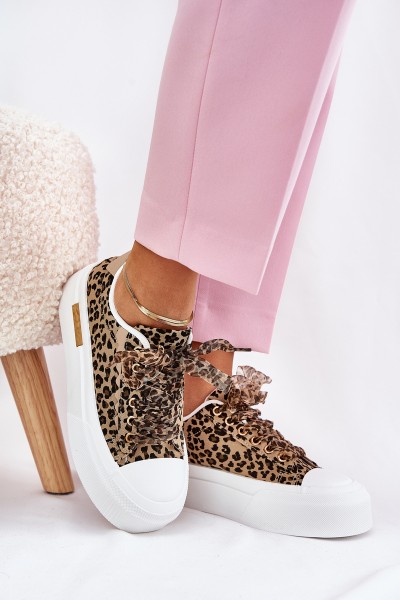 Moteriški sportbačiai ant didžiulės platformos su dekoratyviniu suvarstymu Leopard Brown Zidora