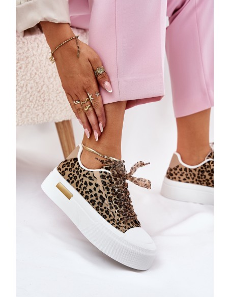 Womens Sneakers On Massive Platform With Decorative Lacing Leopard Brown Zidora