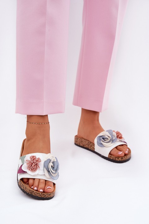 Women Slippers With Flowers On Cork Platform White Zinrosa