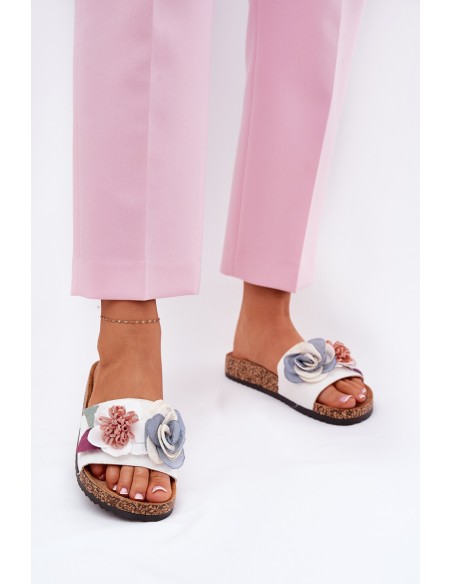 Women Slippers With Flowers On Cork Platform White Zinrosa