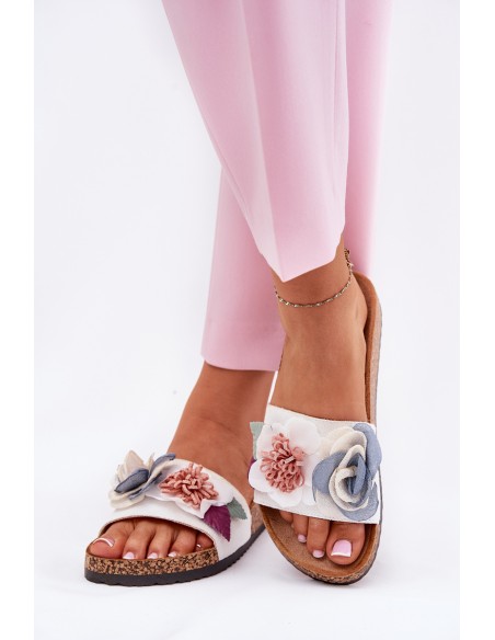 Women Slippers With Flowers On Cork Platform White Zinrosa