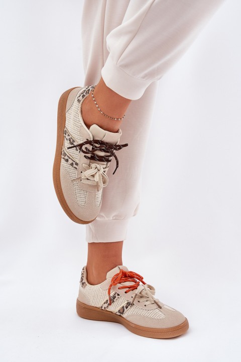 Women's Sneakers With Double Lacing Leopard Beige Ollabes