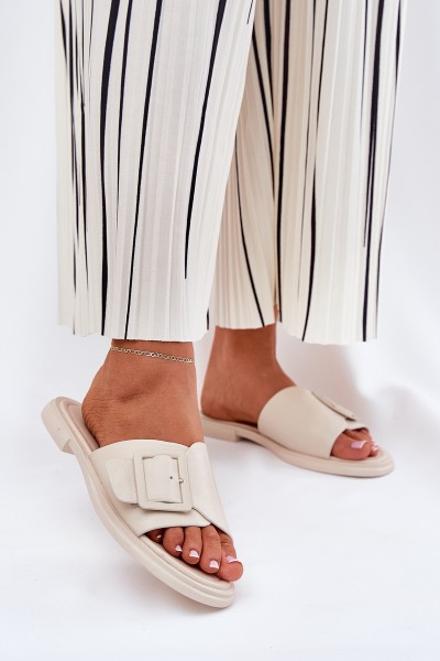 Leather Women's Slippers With Buckle D&A Beige SJ2302-01