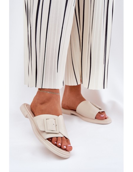 Leather Women's Slippers With Buckle D&A Beige SJ2302-01