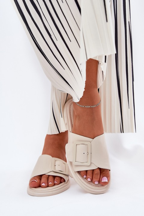 Leather Women's Slippers With Buckle D&A Beige SJ2302-01