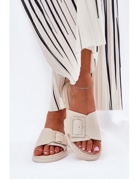 Leather Women's Slippers With Buckle D&A Beige SJ2302-01