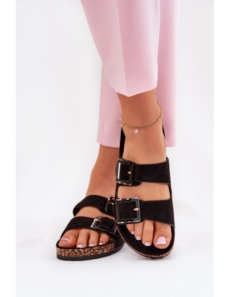 Women's Sandals With Buckles On Cork Sole Black Sercele