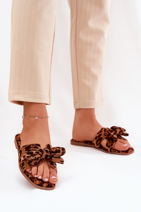 Plokščios moteriškos šlepetės su lanku Leopard Brown Tobin