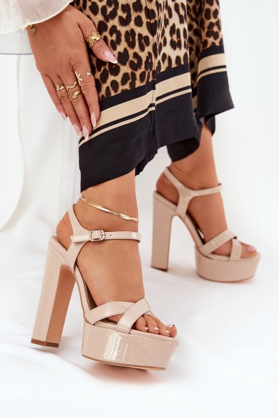 Women's sandals on high heel and platform glossy beige Jovenes