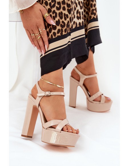 Women's sandals on high heel and platform glossy beige Jovenes
