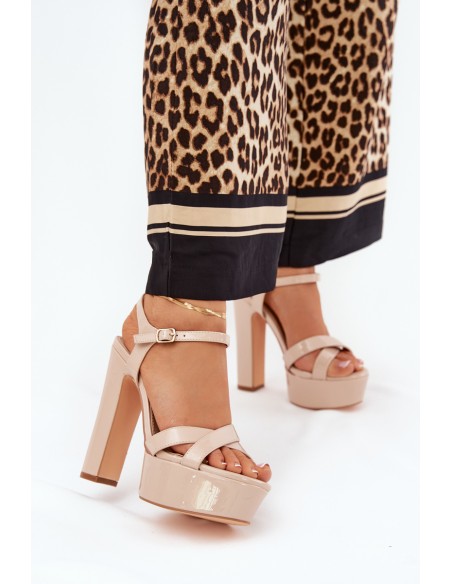 Women's sandals on high heel and platform glossy beige Jovenes