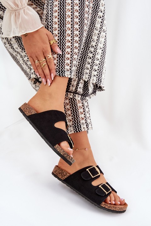 Moteriški basutės ant kamštienos platformos su auksinėmis sagtimis juodos Lisavionea