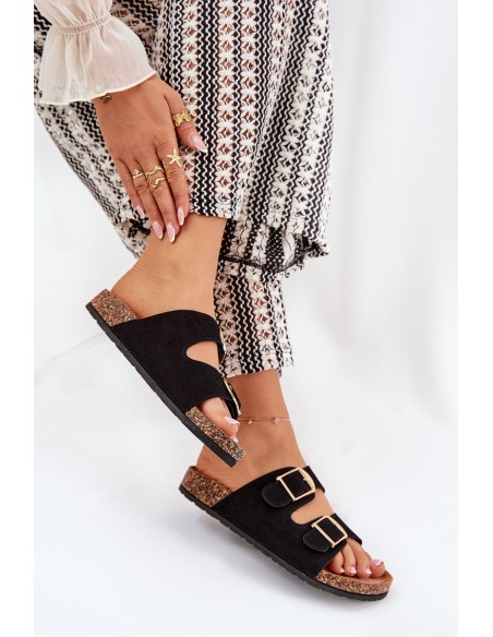 Moteriški basutės ant kamštienos platformos su auksinėmis sagtimis juodos Lisavionea