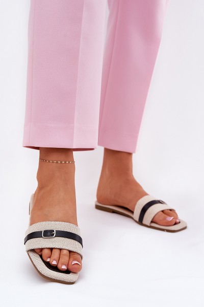 Plokščios moteriškos šlepetės su dirželiu ir sagtimi smėlio spalvos Žilina