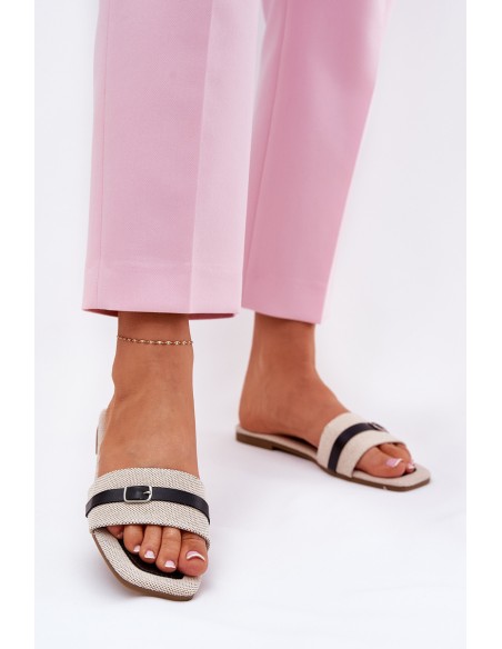 Flat Ladies Slippers With Strap And Buckle Beige Zilina