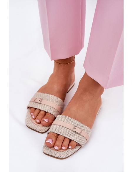 Plokščios moteriškos šlepetės su dirželiu ir sagtimi smėlio spalvos Žilina