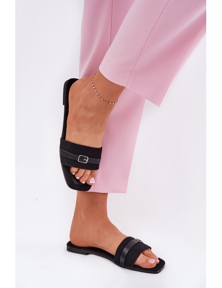 Flat Ladies Slippers With Strap And Buckle Black Zilina