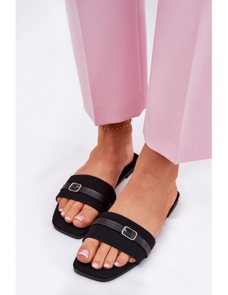 Flat Ladies Slippers With Strap And Buckle Black Zilina