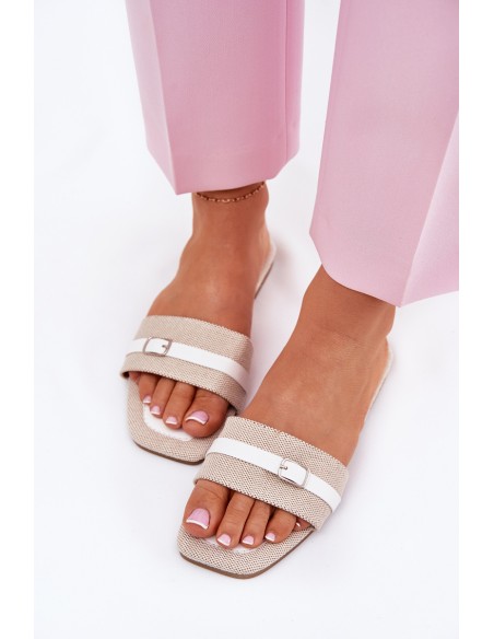 Flat Ladies Slippers With Strap And Buckle Beige-White Zilina