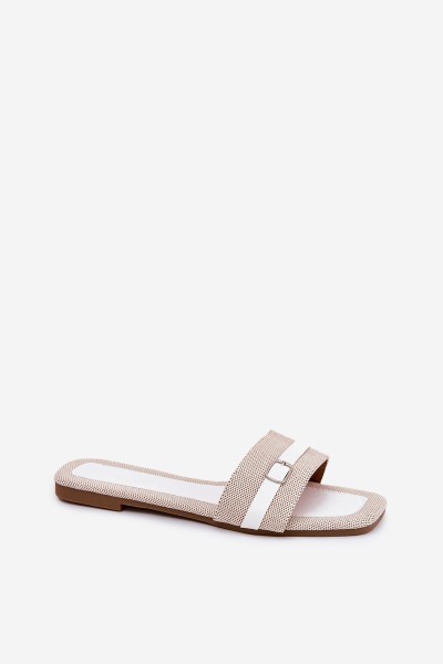 Flat Ladies Slippers With Strap And Buckle Beige-White Zilina 2
