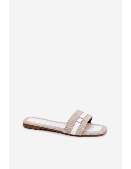 Flat Ladies Slippers With Strap And Buckle Beige-White Zilina