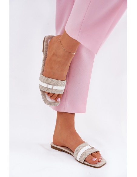 Flat Ladies Slippers With Strap And Buckle Beige-White Zilina