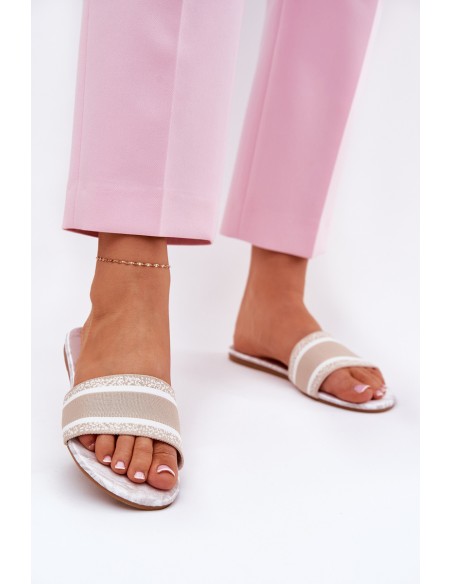 Patterned Flat Ladies Sandals Beige Leysi