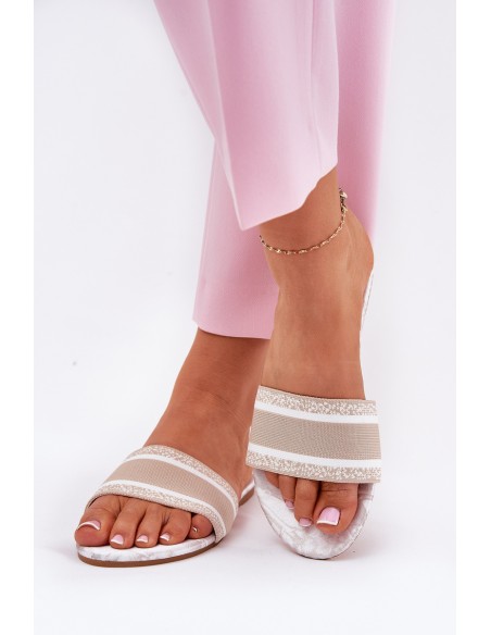 Patterned Flat Ladies Sandals Beige Leysi