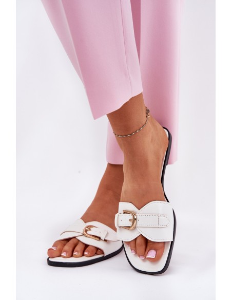 Flat Women's Sandals With Golden Buckle White Esiobb