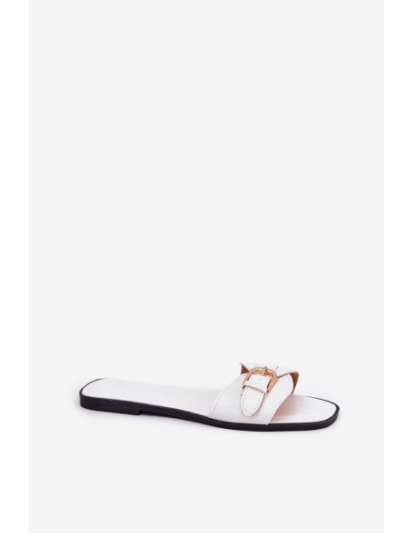 Flat Women's Sandals With Golden Buckle White Esiobb