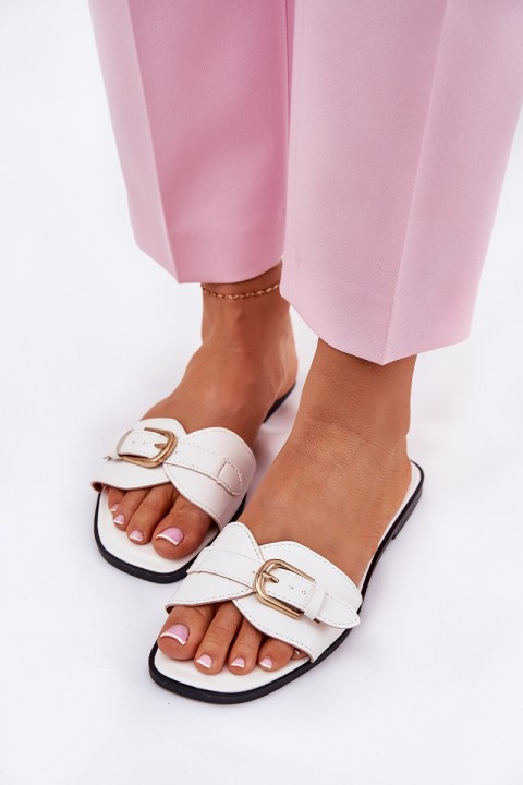 Flat Women's Sandals With Golden Buckle White Esiobb