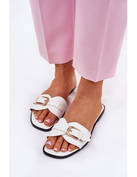 Flat Women's Sandals With Golden Buckle White Esiobb