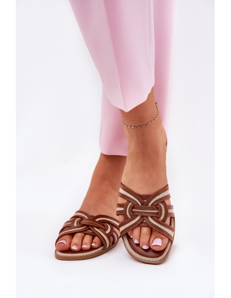 Ladies Flat Slippers With Intertwined Straps Brown Acimine