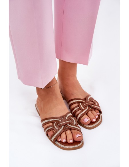 Ladies Flat Slippers With Intertwined Straps Brown Acimine