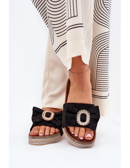 Womens Platform Sandals With Bow And Decorative Brooch Black Lenela