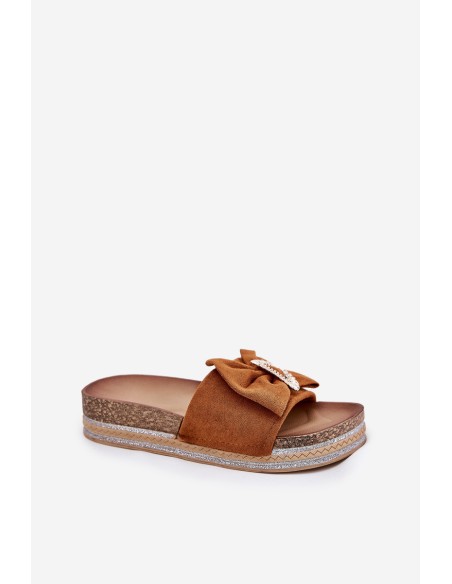 Ladies Platform Sandals With Bow And Decorative Brooch Camel Lenela