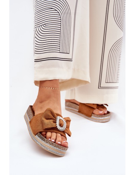 Ladies Platform Sandals With Bow And Decorative Brooch Camel Lenela