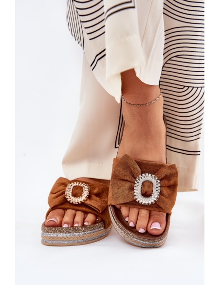 Ladies Platform Sandals With Bow And Decorative Brooch Camel Lenela