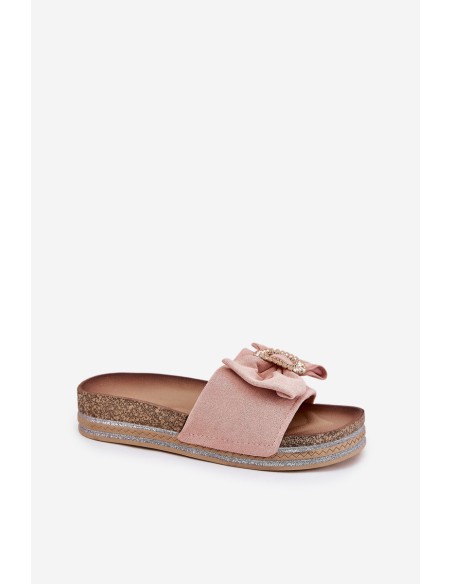 Women's Platform Slippers With Bow And Decorative Brooch Pink Lenela